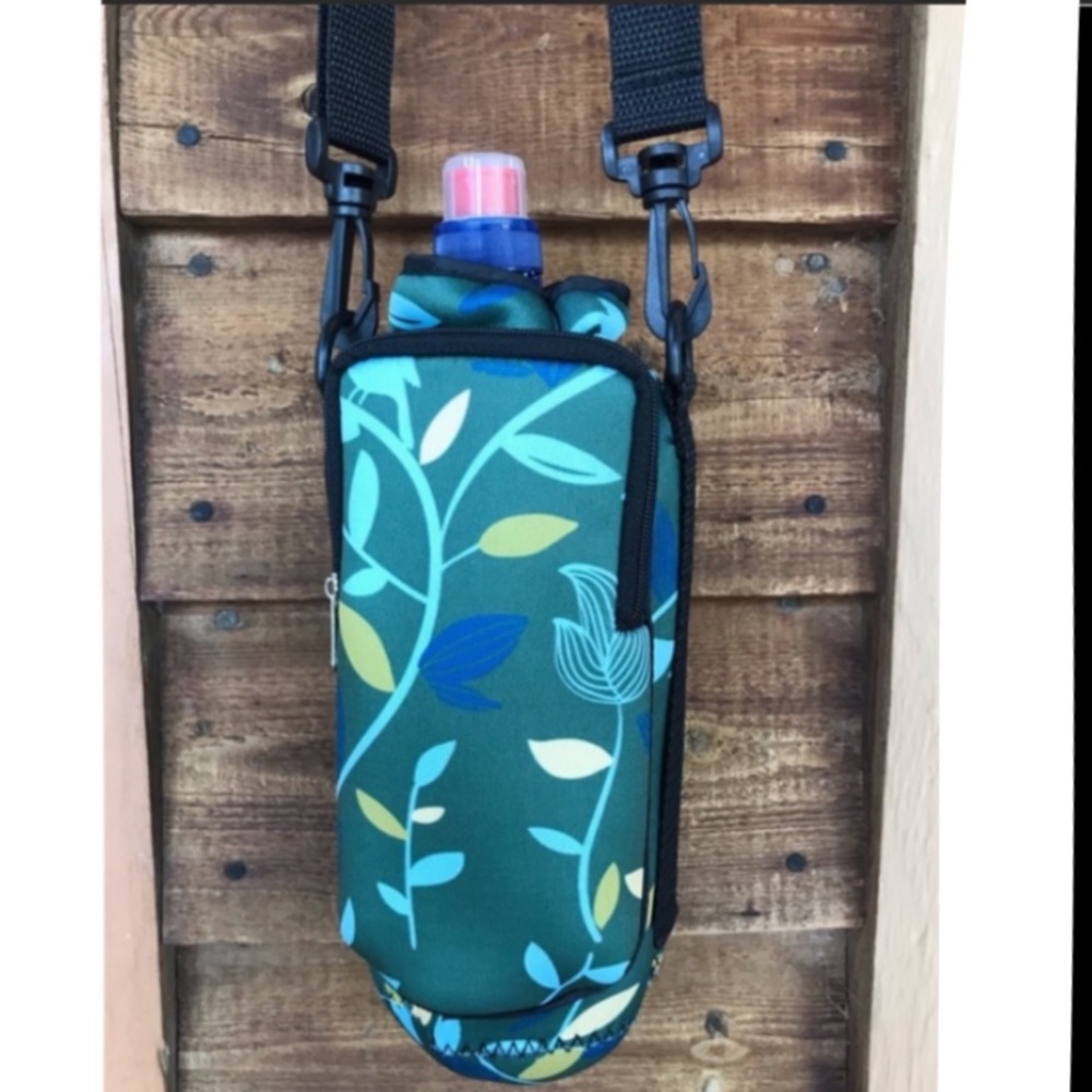 SOLD OUT.        Neoprene Water Bottle & Phone Holder Blue Green Birds Print New - Picture 5 of 16
